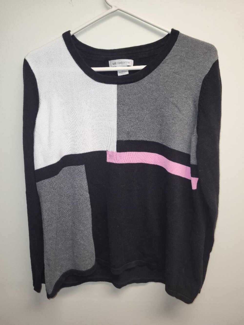 Liz Claiborne Colorblock Sweater XL Black Gray Pink White Geometric Knit Crewnec